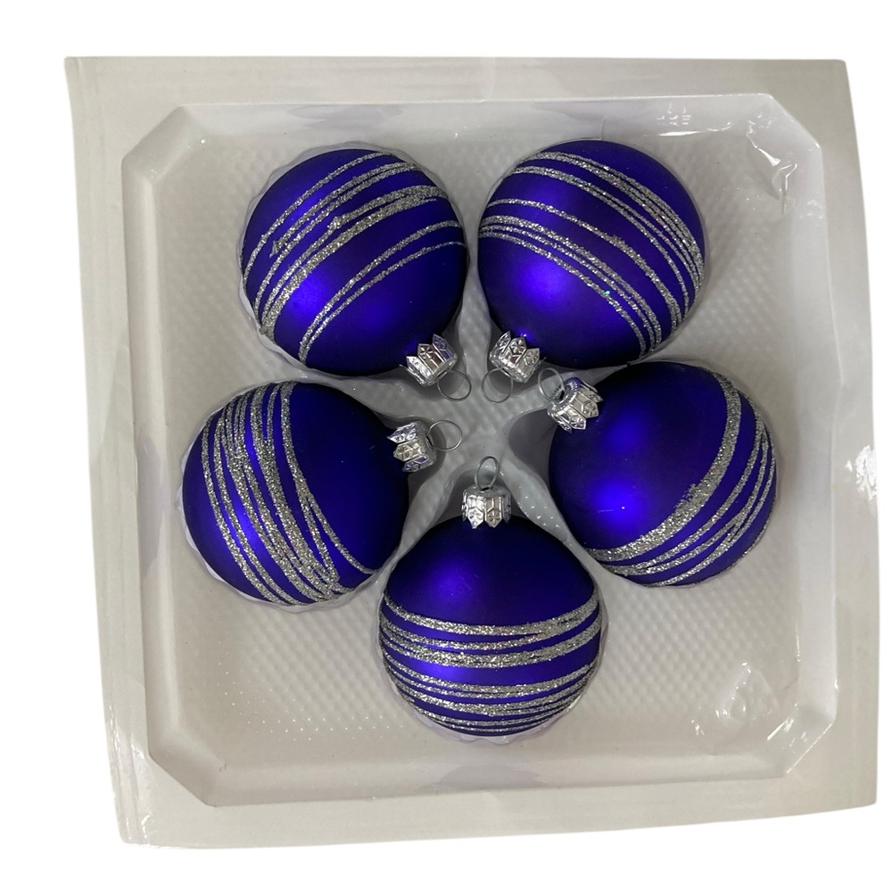 VTG 5 Genuine Glass Mouthblown Christmas Ornaments Blue Purple Silver Poland - Picture 3 of 10